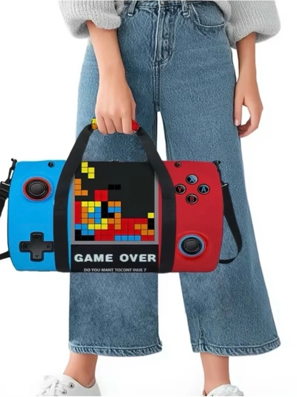 Retro Pixel 'Game Over' Travel Duffel Bag - Black/Red/Blue